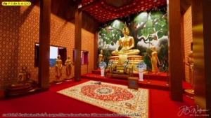 ภาพจำลองสถาปัตย์ภายในห้องพระมุมกว้าง มีองค์ประธานสีทอง ผนังลายไทย เสาไม้ และฉากต้นโพธิ์ด้านหลัง