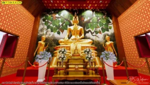 ภาพมุมตรงของพื้นที่ประกอบพิธีกรรม โชว์องค์ประธานกลางห้อง ผนังด้านข้างลายไทย และฉากธรรมชาติด้านหลัง