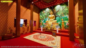 ภาพจำลองห้องพระมุมกว้าง ฉากหลังเป็นสระน้ำและต้นไม้สีเขียว ตัดกับผนังลายไทย โครงสร้างไม้ และพื้นแดงภายใน