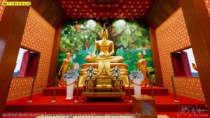 ภาพจำลองห้องพระมุมสมดุล ฉากหลังธรรมชาติแนวสระบัว วางร่วมกับเสาไม้ ผนังลายไทย และพื้นพรมสีแดงอย่างลงตัว