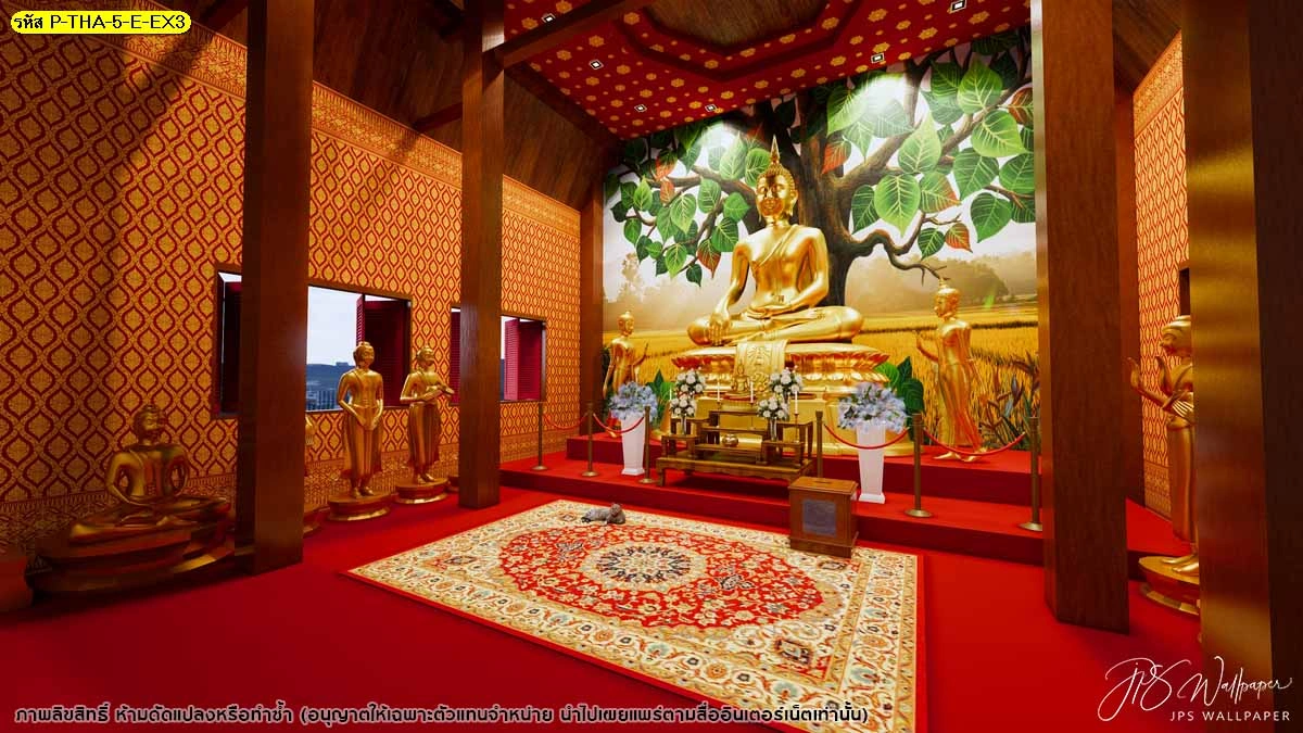 ภาพจำลองห้องพระมุมกว้าง ฉากหลังเป็นทุ่งนาและต้นโพธิ์ เห็นการจัดผนังกลางร่วมกับช่องหน้าต่างและลายไทยโดยรอบ