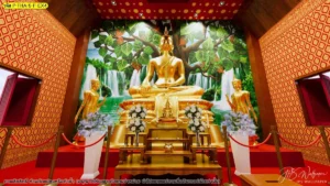 ภาพจำลองภายในวิหารพร้อมฉากธรรมชาติสีเขียวและน้ำตกด้านหลังองค์ประธาน ใช้ประกอบแนวทางตกแต่งพื้นที่พิธีกรรม