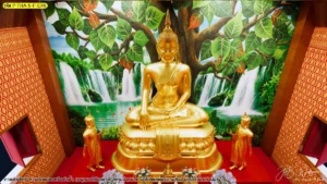 ภาพระยะใกล้ขององค์ประธานและฉากธรรมชาติด้านหลัง มีรายละเอียดใบโพธิ์ น้ำตก และองค์ประกอบสีทองในพื้นที่