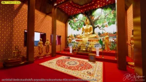 ภาพจำลองห้องพระมุมกว้าง ฉากหลังเป็นสถาปัตยกรรมไทย เห็นการวางภาพกลางร่วมกับผนังลายไทยและโครงสร้างไม้