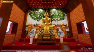 ภาพจำลองห้องพระมุมหน้าตรง ฉากสถาปัตยกรรมไทยอยู่หลังต้นโพธิ์ ช่วยให้เห็นอารมณ์ภาพที่ต่างจากฉากธรรมชาติ