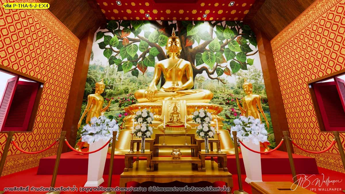 ภาพจำลองห้องพระมุมหน้าตรง ฉากหลังสระบัวและต้นไม้สีเขียว แสดงรายละเอียดผนังกลางร่วมกับลายไทยด้านข้าง