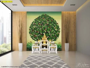 ภาพจำลองมุมห้องพระผนังลายต้นโพธิ์สีเขียว จัดวางโต๊ะหมู่สีขาวในห้องโทนไม้ร่วมสมัย