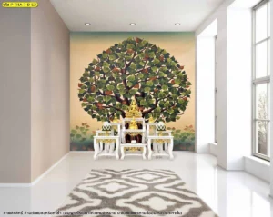 ภาพจำลองห้องพระพื้นขาว ผนังลายต้นโพธิ์โทนอุ่น จัดโต๊ะหมู่สีขาวให้เข้ากับพื้นที่เรียบง่าย