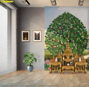 ภาพจำลองไอเดียการตกแต่งห้องพระสไตล์โมเดิร์นคลาสสิกด้วยงานศิลปะต้นโพธิ์สีเขียวเหนี่ยวนำความร่มเย็นและสวยงามประณีต