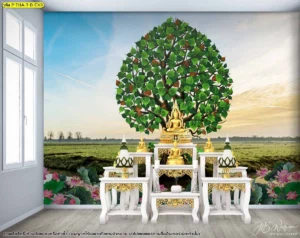 มุมมองสถาปัตยกรรมภายในห้องพระที่ตกแต่งด้วยวอลเปเปอร์ลายไทยประยุกต์เน้นความหรูหราของลวดลายกนกและพุ่มโพธิ์ขนาดใหญ่พิเศษ