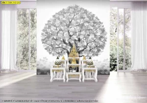 ภาพผนังห้องพระโทนขาวเทา ลายต้นไม้แบบลดสี เหมาะกับพื้นที่ที่ต้องการภาพรวมเรียบและนุ่มตา