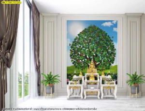งานดีไซน์ผนังห้องพระแบบร่วมสมัยที่ใช้โทนสีเทาตัดกับสีเขียวของต้นโพธิ์ช่วยสร้างมิติและความสงบทางสายตาให้กับผู้มาสักการะ