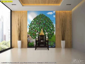 ไอเดียการกั้นห้องพระด้วยงานกระจกและผนังทึบที่ตกแต่งด้วยวอลเปเปอร์ลายต้นโพธิ์ช่วยประหยัดพื้นที่แต่ยังคงความโอ่อ่าสไตล์ไทย