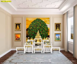 บรรยากาศห้องพระขนาดเล็กที่ได้รับการออกแบบมาอย่างลงตัวด้วยภาพต้นโพธิ์ลิขสิทธิ์ที่เข้ากับเฟอร์นิเจอร์ไม้ได้อย่างเรียบหรูที่สุด