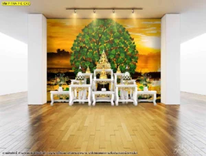 ภาพจำลองงานอินทีเรียห้องพระสีขาวคลีนที่ดูโดดเด่นขึ้นด้วยการติดวอลเปเปอร์ลายไทยสีเขียวทองตรงผนังประธานด้านหลังโต๊ะหมู่บูชา