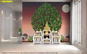 ภาพห้องพระผนังโทนชมพูน้ำตาลพร้อมลายต้นไม้และดวงจันทร์ จัดวางโต๊ะหมู่สีขาวในพื้นที่โถง
