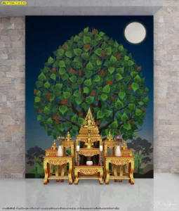 ภาพผนังห้องพระโทนน้ำเงินเข้ม ลายต้นไม้ขนาดใหญ่พร้อมดวงจันทร์ จัดคู่ผนังหินและโต๊ะหมู่สีทอง
