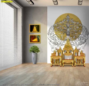 ภาพห้องพระผนังขาวลายไทยสีทอง หลังชุดโต๊ะหมู่บูชา พร้อมพื้นไม้และแสงธรรมชาติด้านข้าง