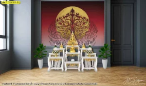 ห้องพระผนังแดงเข้มกรอบเทาเข้ม จัดวางโต๊ะหมู่บูชาสีขาวทอง เหมาะกับพื้นที่พิธีสงบในบ้าน