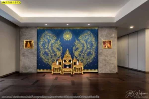 ห้องพระผนังพื้นน้ำเงินเข้ม ลายพญานาคสีทองคู่กลางผนัง เข้ากับชุดโต๊ะบูชาและผนังเทาแบบร่วมสมัย
