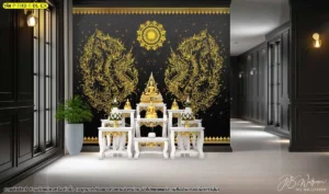 ห้องพระโทนดำ คลาสสิกด้วยกรอบผนังและลายพญานาคสีทองคู่ เหมาะกับพื้นที่บ้าน โครงการ และงานออกแบบภายใน