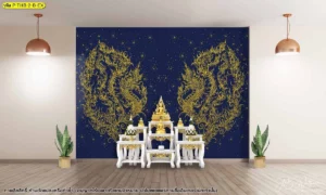 ห้องพระผนังพื้นน้ำเงินเข้ม ลายพญานาคสีทองคู่ วางเป็นฉากหลังชุดโต๊ะบูชา เหมาะกับงานออกแบบภายในโทนสุภาพ