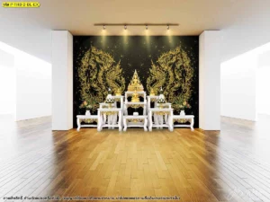 วอลเปเปอร์ลายพญานาคลิขสิทธิ์พื้นดำ ลายทองคู่ในพื้นที่โถงกว้าง ช่วยให้ผนังหลักดูเด่นและจัดองค์ประกอบห้องพระชัดเจน