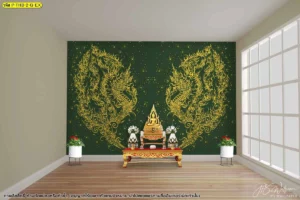 ห้องพระพื้นเขียวเข้ม ลายพญานาคสีทองคู่ขนาดกว้าง วางกลางผนังเรียบเพื่อให้ชุดบูชาดูเป็นสัดส่วน