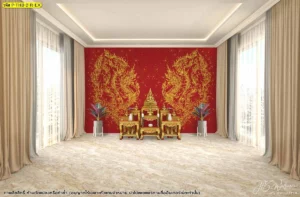 ห้องพระพื้นแดง ลายพญานาคสีทองคู่ในพื้นที่กว้าง โทนผ้าม่านสีอ่อนช่วยบาลานซ์ภาพรวมให้สุภาพ