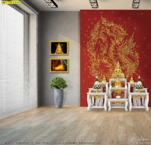 ผนังห้องพระพื้นแดงลายพญานาคสีทองเดี่ยว จัดคู่กับผนังเทาและมู่ลี่สีอ่อนเพื่อภาพรวมแบบโมเดิร์น