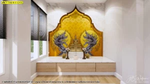 ภาพผนังห้องพระโทนทองอบอุ่น พร้อมลายพญานาคคู่แบบสมมาตร เหมาะกับมุมสวดมนต์ในบ้านไทย