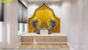 ภาพพื้นที่บูชาพระโทนสว่าง ใช้ผนังลายพญานาคคู่สีดำทองตัดกับเคาน์เตอร์ไม้และผิวหินอ่อน