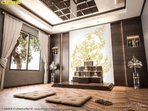 วอลเปเปอร์ลิขสิทธิ์ลายดอกบัวพื้นหลังสีขาวสะอาดตาช่วยให้ห้องพระดูโปร่งและกว้างขึ้นภายใต้การออกแบบที่เน้นความเรียบหรู