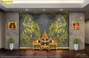 การจัดวางวอลเปเปอร์พุทธศิลป์ลวดลายดอกบัวคู่ช่วยสร้างความสมดุลให้กับการออกแบบพื้นที่ประกอบพิธีกรรมภายในบ้าน
