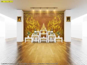 วอลเปเปอร์ติดผนังห้องพระลายไทยโทนสีน้ำตาลทองสะท้อนความหรูหราและประณีตผ่านเส้นสายงานศิลปะแบบไทยร่วมสมัย
