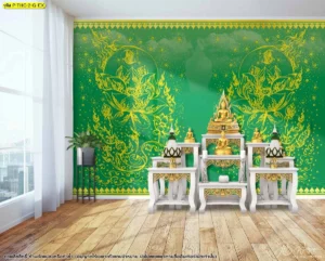 ภาพงานศิลปะตกแต่งภายในลายดอกบัวบนพื้นสีเขียวช่วยสร้างบรรยากาศที่ร่มเย็นและส่งเสริมความสงบภายในห้องพระ