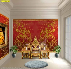 พิมพ์สติ๊กเกอร์ 3M ติดกระจกห้องพระและวอลเปเปอร์โทนสีแดงทองเพิ่มความสง่างามตามแบบแผนงานพุทธศิลป์ที่ประณีต