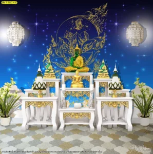 ภาพจำลองห้องพระโทนน้ำเงินหลังโต๊ะหมู่บูชา ใช้ลายบัวสีทองและองค์ประกอบศิลปะไทยบนผนัง
