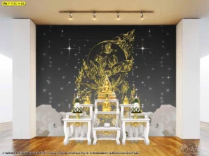 ภาพผนังห้องพระโทนดำเทา พร้อมลายบัวสีทองด้านหลังพื้นที่บูชา ใช้ดูแนวทางจัดวางก่อนผลิตงาน