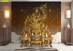 ภาพจำลองห้องพระโทนน้ำตาลทอง จัดวางผนังลายไทยร่วมกับเฟอร์นิเจอร์ไม้และแสงไฟภายใน