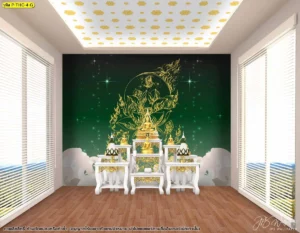 ภาพห้องพระโทนเขียวเข้ม มีลายบัวสีทองอยู่กึ่งกลางผนัง ช่วยเป็นแนวทางเลือกโทนสำหรับพื้นที่บูชา
