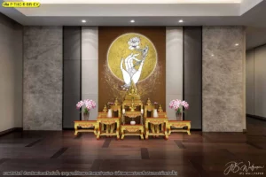งานวอลเปเปอร์ภาพพิมพ์ลายไทยลิขสิทธิ์โทนสีน้ำตาลเข้มตกแต่งร่วมกับภาพพิมพ์แคนวาสรูปดอกบัวประดับหิ้งพระเพื่อความสมบูรณ์แบบของมุมสวดมนต์ในบ้าน