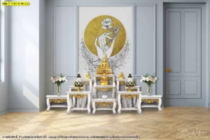 ตกแต่งห้องพระด้วยวอลเปเปอร์ดอกบัวลิขสิทธิ์สีทองบนพื้นหลังขาวช่วยสร้างบรรยากาศที่ดูสะอาดตาและสงบเงียบเหมาะกับการนั่งสมาธิสวดมนต์ในบ้านอย่างยิ่ง
