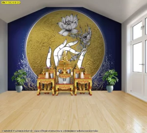 วอลเปเปอร์ห้องพระสีน้ำเงินเข้มลายดอกบัวลิขสิทธิ์ดีไซน์หรูหราช่วยขับเน้นความโดดเด่นขององค์พระพุทธรูปและหิ้งพระไม้แกะสลักให้ดูมีพลังและน่าเลื่อมใส