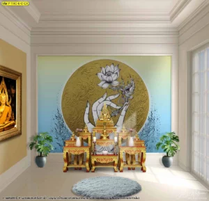 ยกระดับห้องพระด้วยวอลเปเปอร์ภาพพิมพ์ลายไทยลิขสิทธิ์โทนสีฟ้าอ่อนให้ความรู้สึกร่มเย็นสบายตาช่วยสร้างสุนทรียภาพและความสุขใจในยามที่ได้เข้ามาไหว้พระ