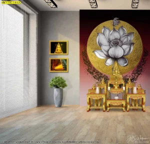 วอลเปเปอร์ลิขสิทธิ์ลายดอกบัวห้องพระสีแดงมงคลช่วยเสริมพลังแห่งความศรัทธาด้วยลายเส้นศิลปะไทยที่คมชัดและสีสันที่คงทนยาวนานไม่ซีดจางง่าย