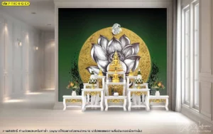 สติ๊กเกอร์ 3M พิมพ์ลายไทยติดกระจกห้องพระลายดอกบัวสีเขียวช่วยกรองแสงธรรมชาติให้ละมุนและสร้างความเป็นส่วนตัวในพื้นที่ประกอบพิธีกรรมทางศาสนา