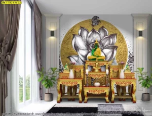 ภาพพิมพ์ศิลปะไทยร่วมสมัยตกแต่งภายในสีขาวสะอาดตาเน้นความเรียบง่ายแต่แฝงด้วยความประณีตช่วยให้ห้องพระขนาดเล็กดูมีพื้นที่กว้างขวางและสว่าง