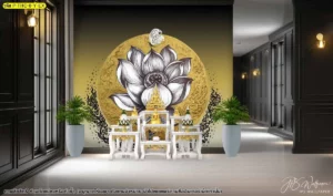 ภาพศิลปะไทยตกแต่งผนังห้องพระสีเหลืองทองอร่ามสื่อถึงความเจริญรุ่งเรืองและแสงแห่งปัญญาช่วยเปลี่ยนผนังธรรมดาให้เป็นงานพุทธศิลป์ระดับพรีเมียม