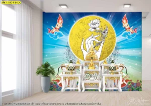 วอลเปเปอร์ห้องพระสีน้ำเงินลายเทวดาและดอกบัวงานศิลปะไทยร่วมสมัยตกแต่งภายในช่วยสร้างบรรยากาศที่ดูศักดิ์สิทธิ์และมีความเป็นสิริมงคล